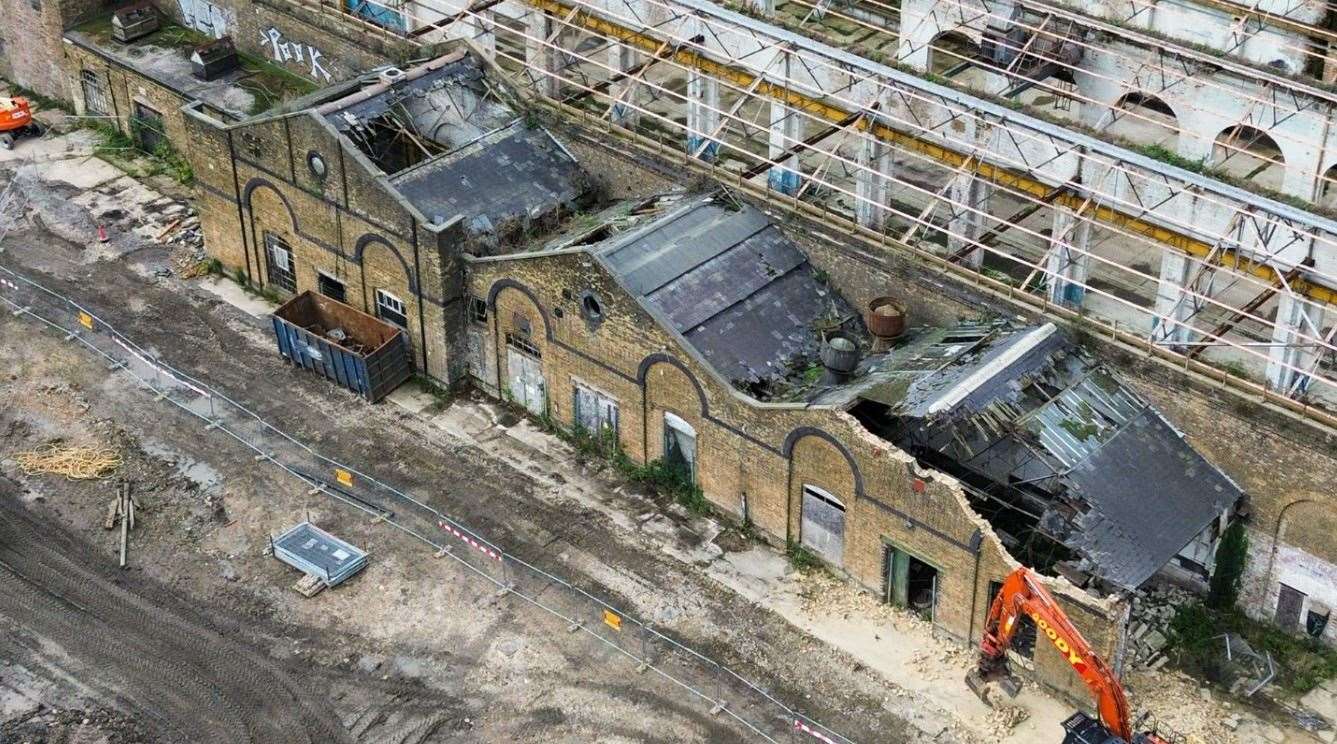 Contractors knocked down a series of lean-to structures connected to the abandoned engine sheds earlier this year. Picture: Nicholas Cane