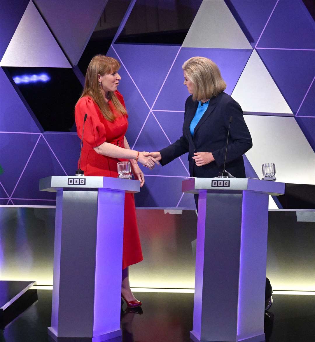 Angela Rayner (left) and Commons Leader Penny Mordaunt, shake hands after taking part in thedebate (Jeff Overs/PA)