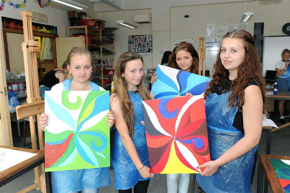 Chelsea Brunton, Kasey Day, Emily Meikle, Faye Atkins, all 14, with their space artwork