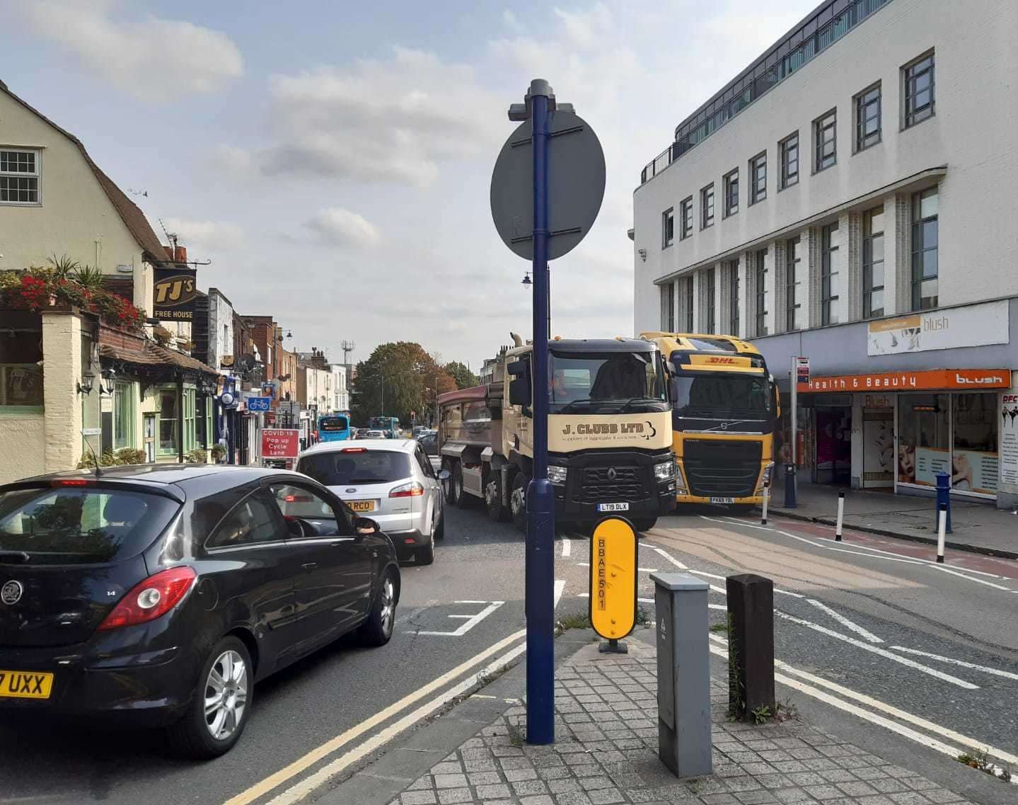 Two HGVs attempt to navigate the new road layout in Milton Road.