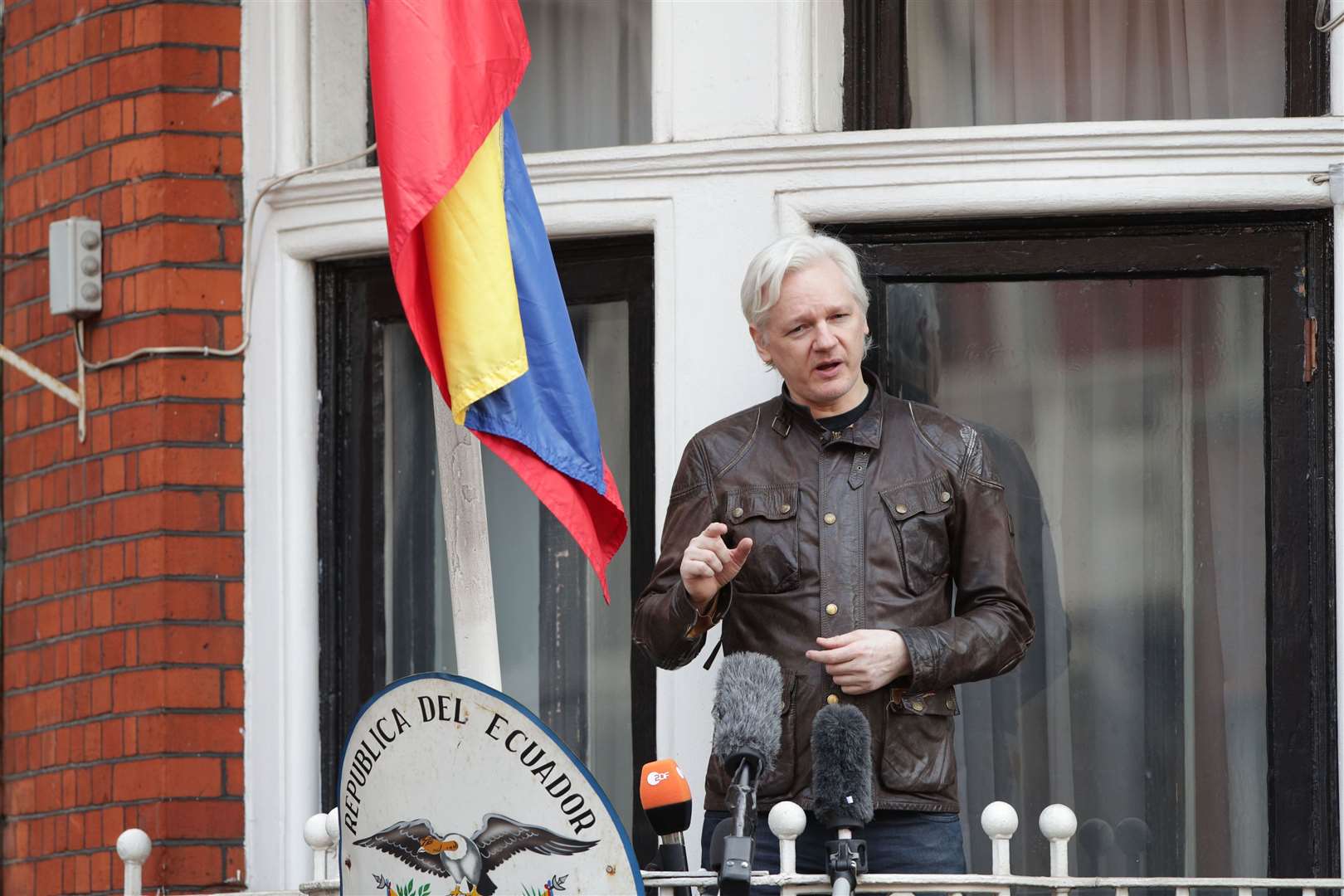 Julian Assange speaking from the balcony of the Ecuadorian embassy in London (Yui Mok/PA)