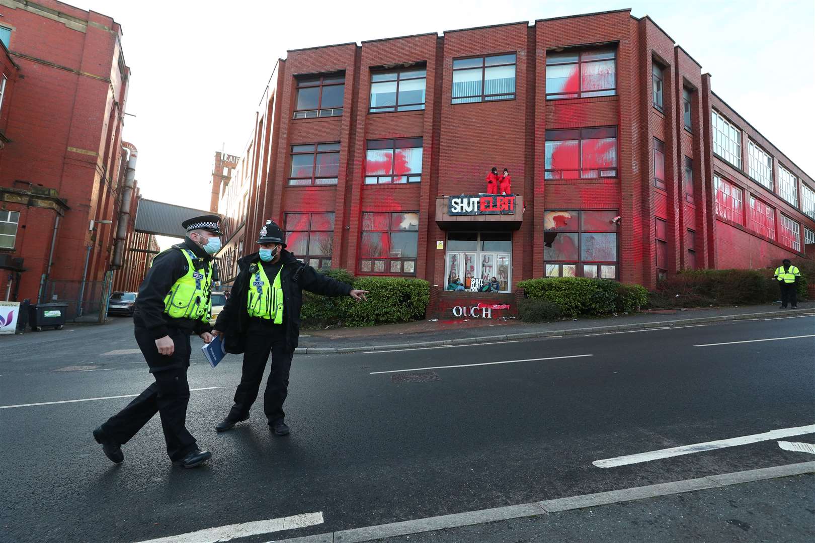 Protesters block the entrance to Elbit Ferranti in Oldham (Peter Byrne/PA)