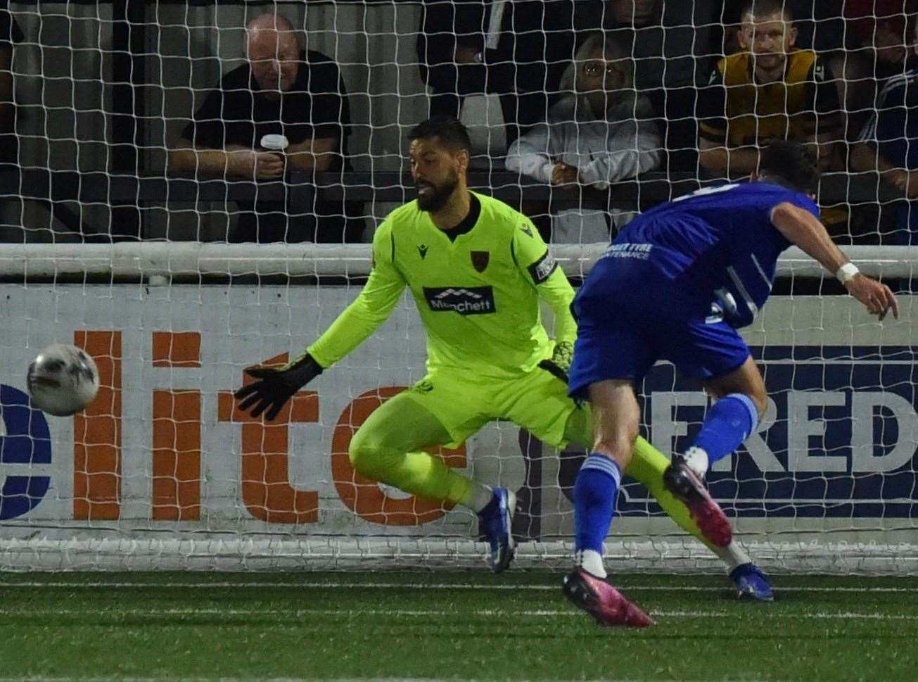 George Elokobi was unhappy with the defending for Aveley’s winner on Tuesday night. Picture: Steve Terrell