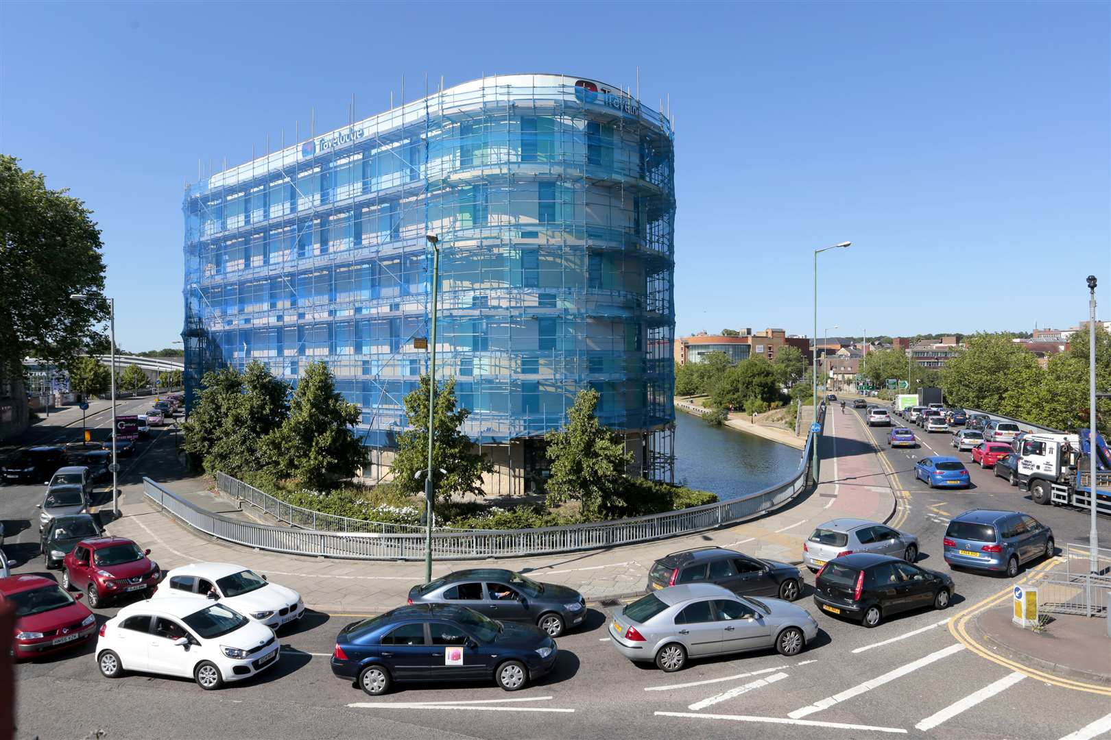 The Travelodge surrounded by scaffolding. Picture: Martin Apps