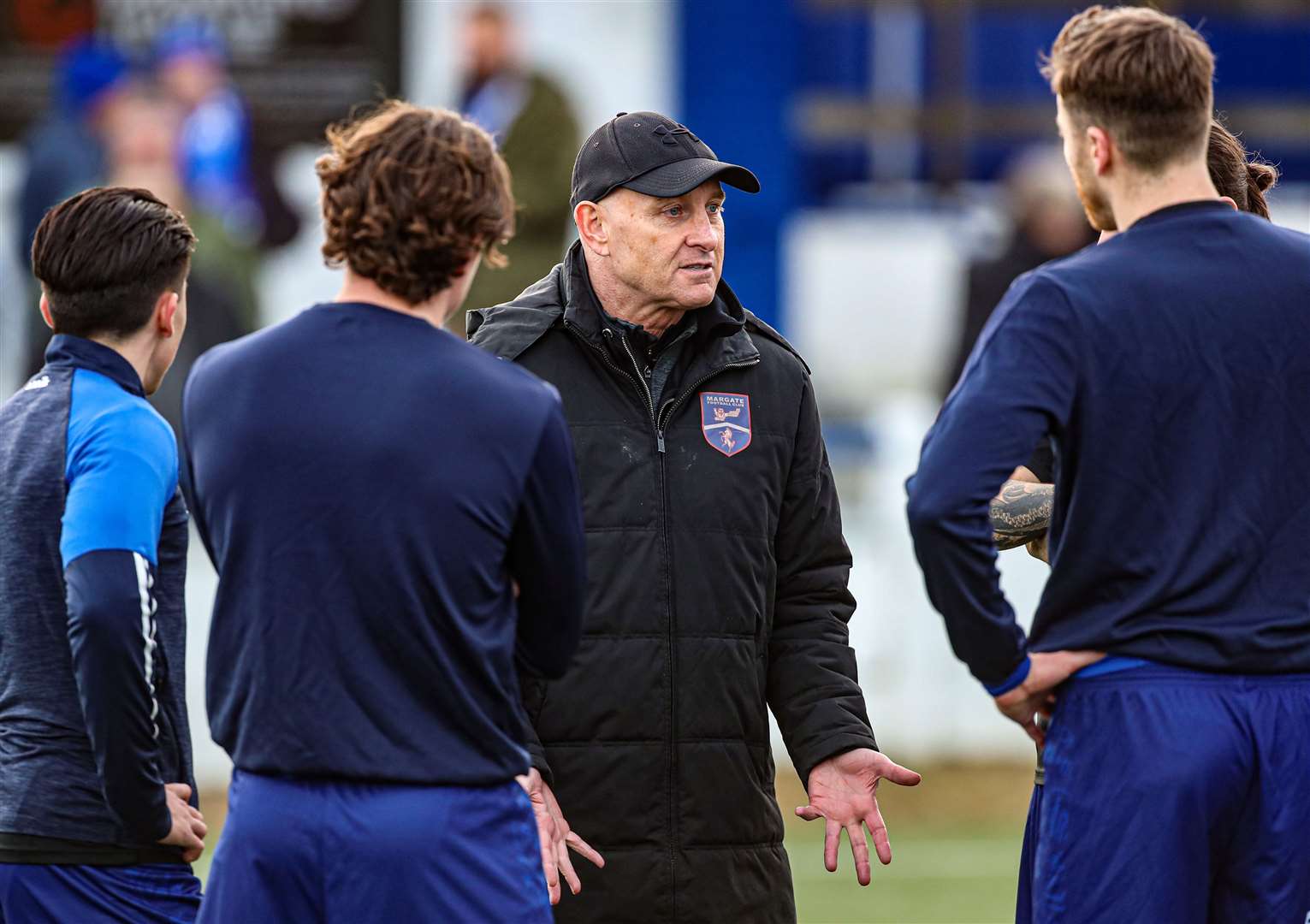 New Margate boss Mark Stimson hands out pre-match instructions before their defeat to Carshalton. Picture: Oakley Photosport