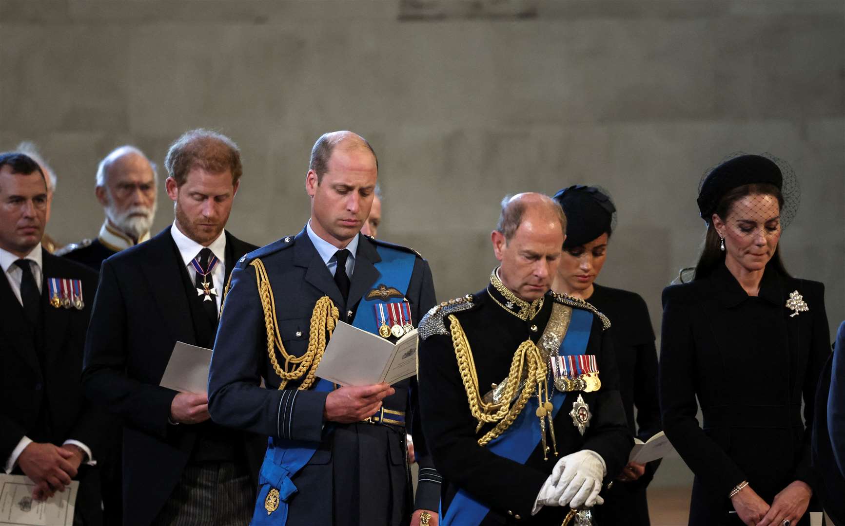 Peter Phillips, the Duke of Sussex, the Prince of Wales, the Earl of Wessex, the Duchess of Sussex and the Princes of Wales stood together during the service (Alkis Konstantinidis/PA)