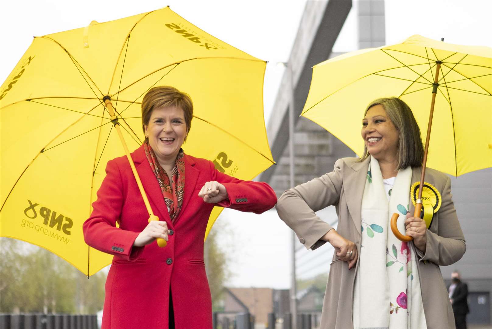 First Minister Nicola Sturgeon (left) with Scottish National Party’s (SNP) Kaukab Stewart outside the Scottish Parliamentary Elections at the Emirates Arena, Glasgow (Jane Barlow/PA)