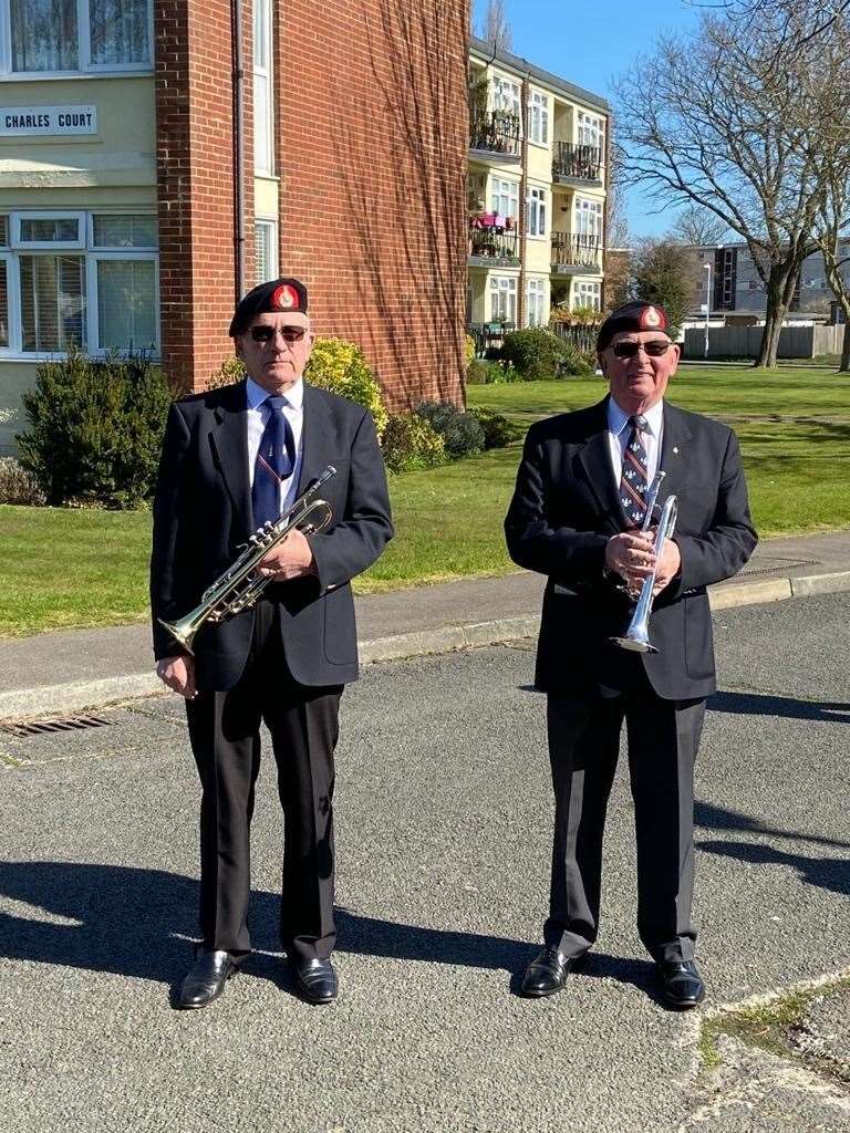 Former Royal Marines Band Service musicians Band Sergeant Mike Scurfield and Band Sergeant Keith Davies visited Maurice on his birthday