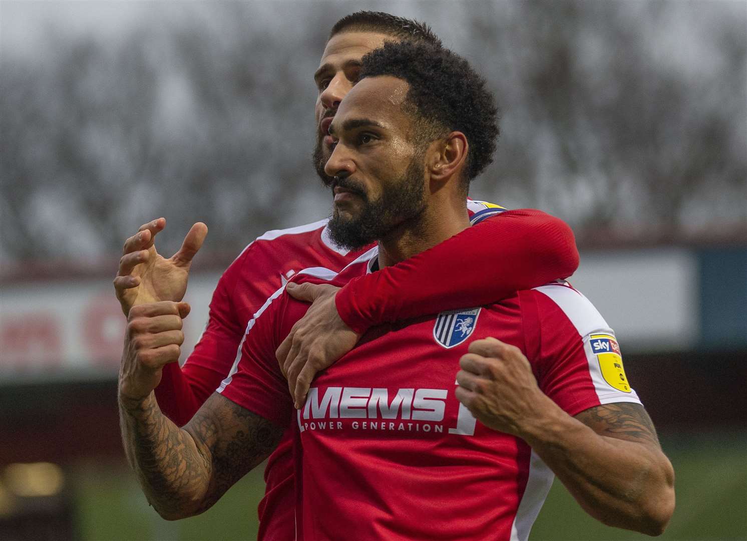 Jordan Roberts celebrates scoring for Gillingham at Rochdale. Picture: Julian Hart