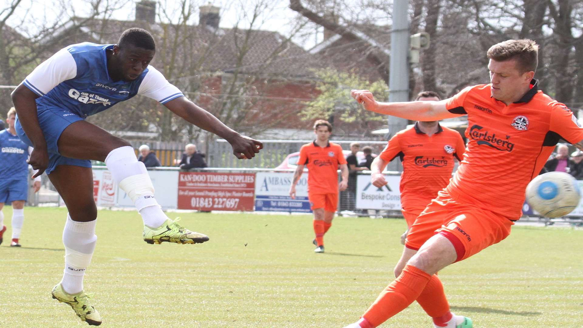 Two-goal Margate striker Daniel Akindayini gets a shot away during Saturday's 2-1 home win over Truro City Picture: Don Walker