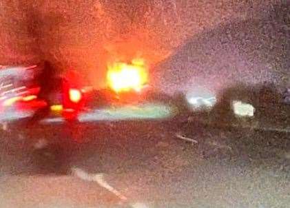 The lorry caught alight near Sellindge on the coastbound M20. Picture: Pete Varey