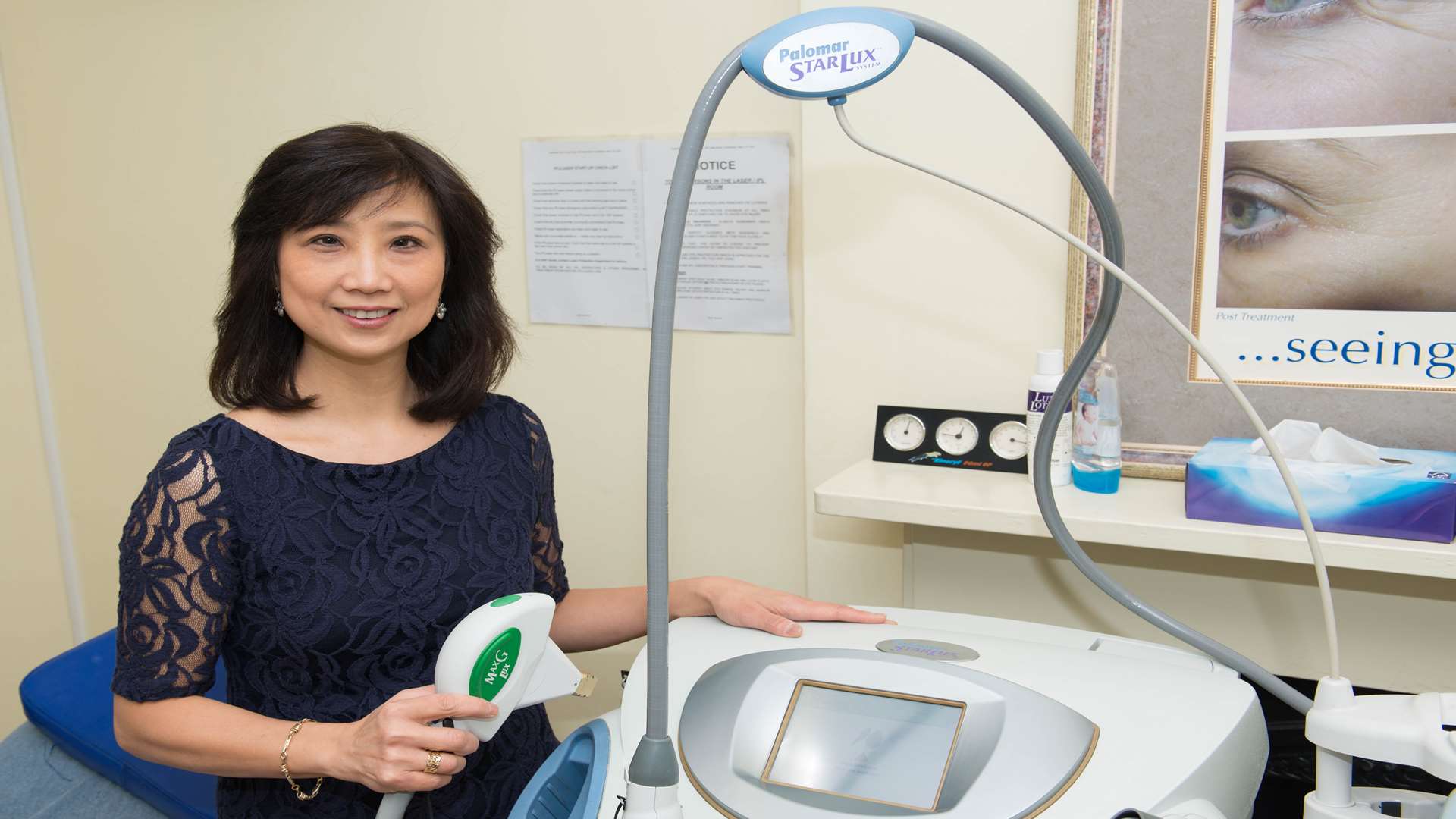 Alice Hudson-Peacock with the Palomar Starlux machine at Canterbury Skin and Laser Clinic