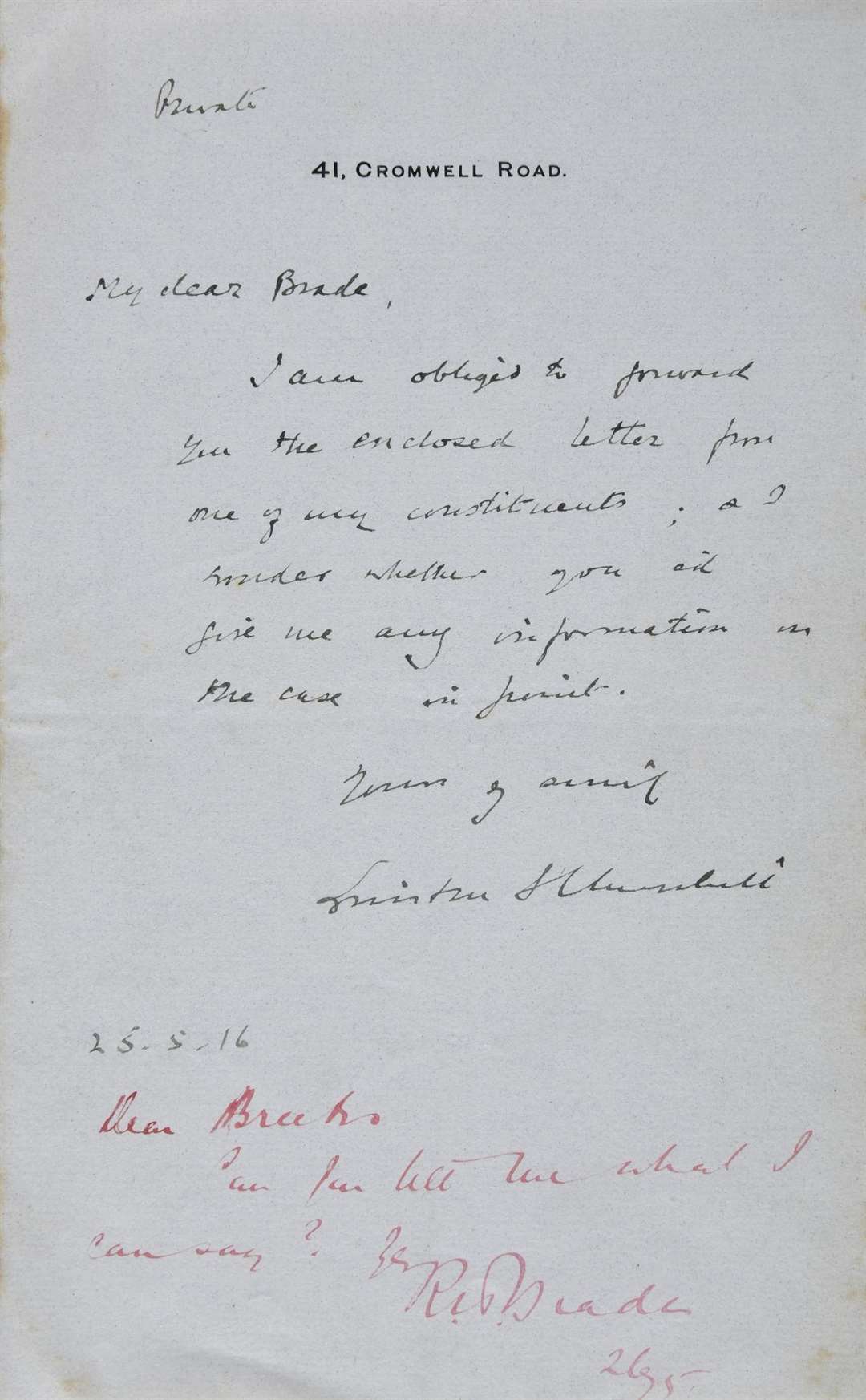 A signed letter from Winston Churchill dated May 1916 to Sir Reginald Brade (Dominic Winter Auctioneers/PA)