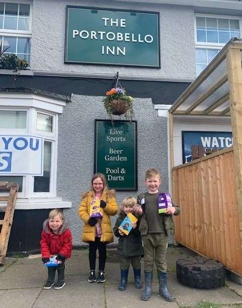 West Kingsdown children, Noah, Jack, Verity and Henry take part in the pub's Easter egg hunt