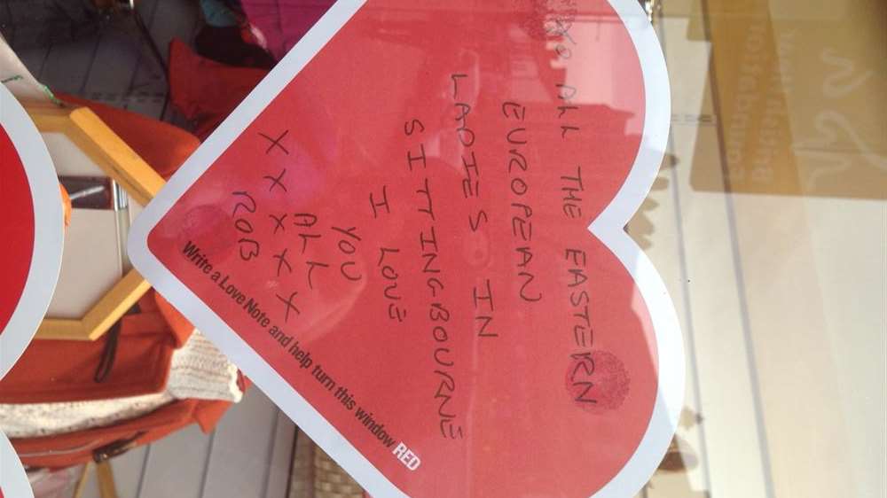 The Valentine's card is in the window of a charity shop in Sittingbourne High Street.