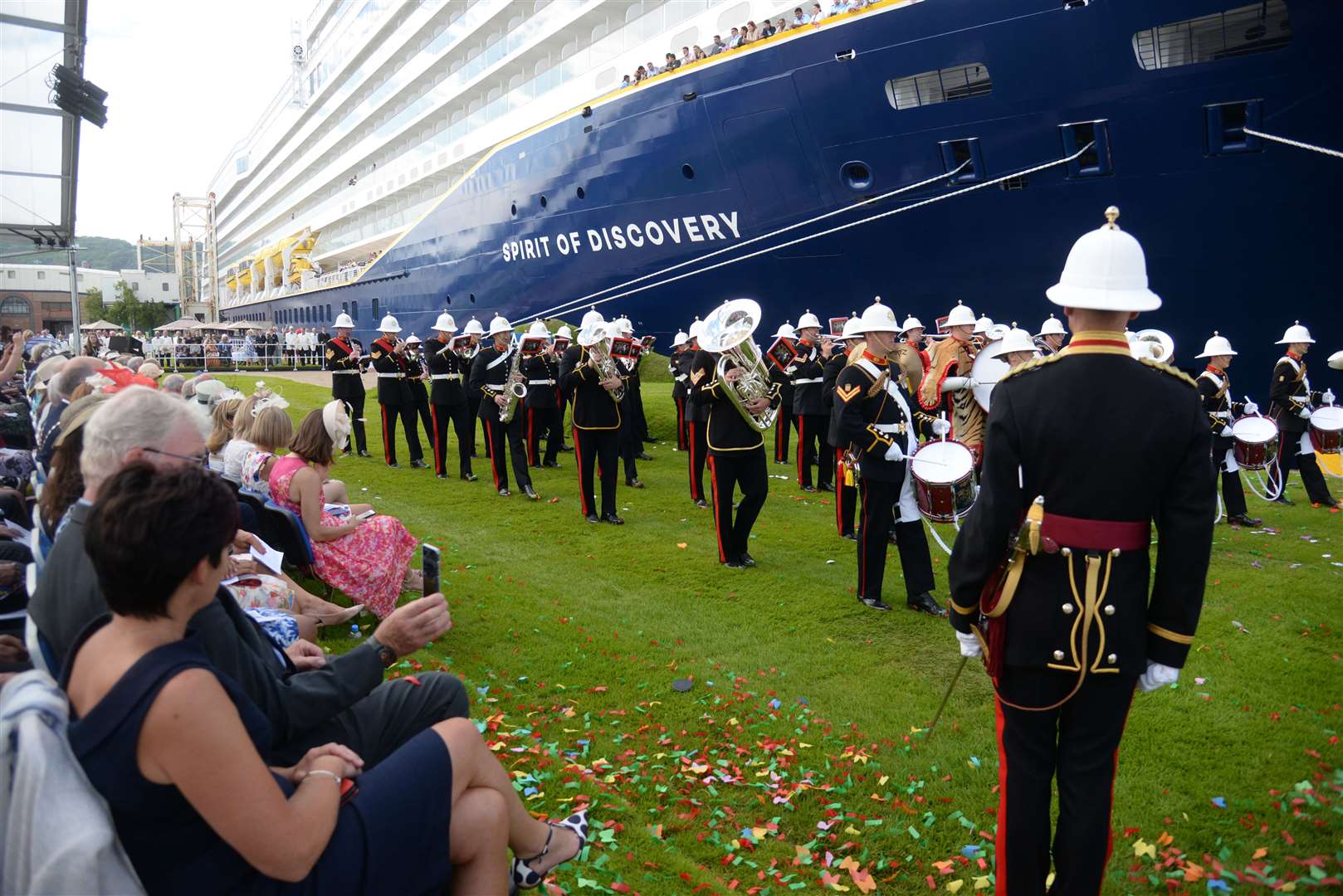 The Royal Marines Band playing at the naming ceremony of Saga's Spirit of Discovery at the Dover Cruise Terminal on Friday.. Picture: Chris Davey.
