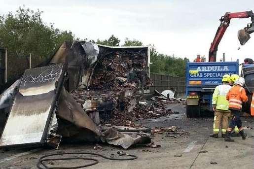 The smouldering wreck of a lorry on the M20. Picture: Highways Agency