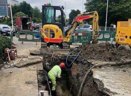 The burst water main in Westwood Road, Broadstairs. Picture: Southern Water