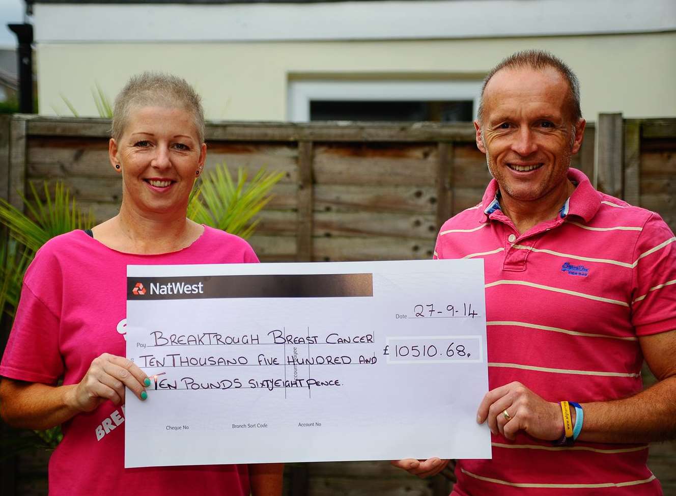Chantele and Phil Rashbrook with their cheque for Breakthrough Breast Cancer