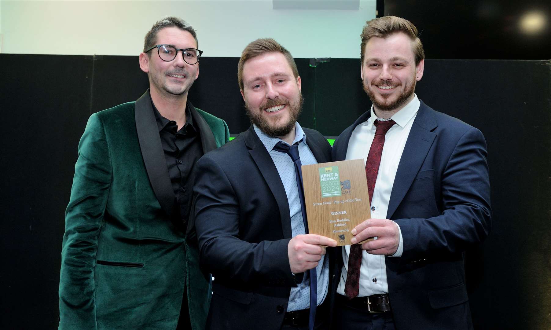 Left to right: Aaron Sergejenkovs-Telford (Cafe Nucleus), Jack Carter and Harry Fisher. Jack and Harry, along with their friend Abi, run mobile burger truck Bun Buddies, known for serving up dishes such as chilli cheese burgers, crispy fried chicken burgers and dirty fries topped with bacon and cheese. Picture: Simon Hildrew