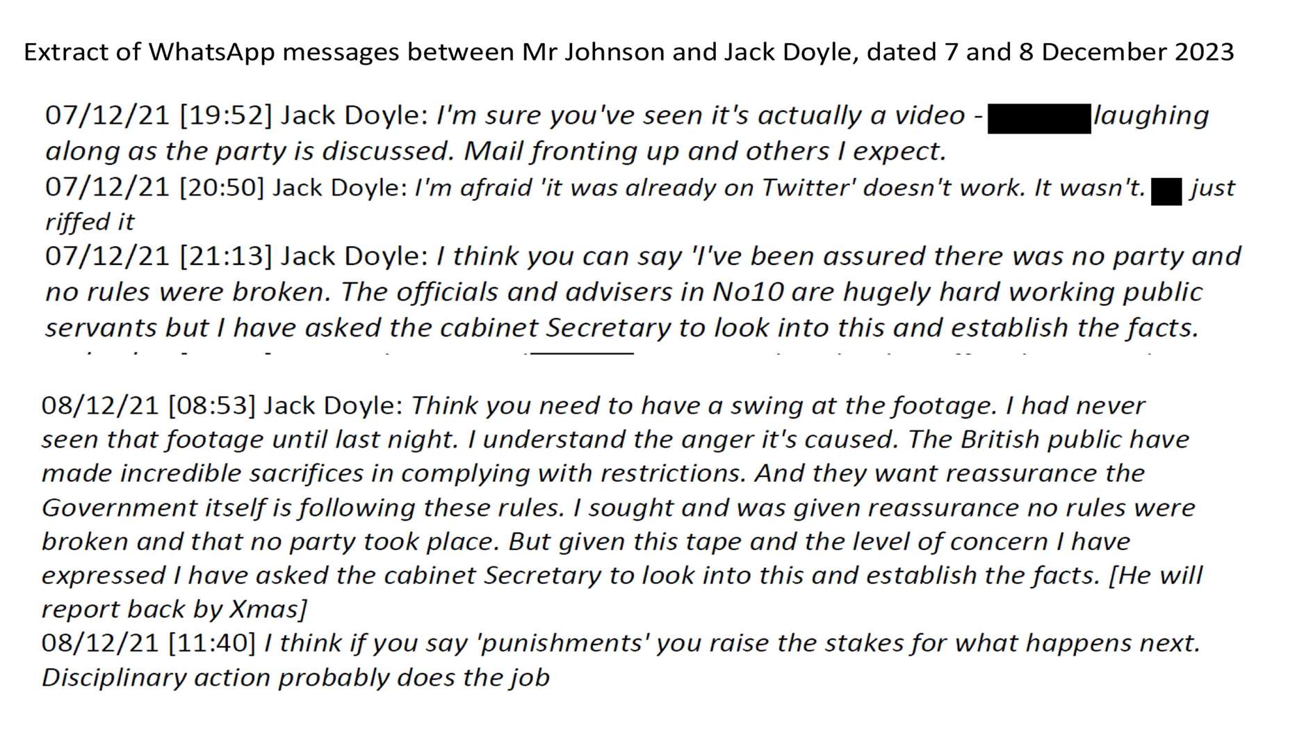 WhatsApp messages between Boris Johnson and Jack Doyle, released as part of the Privileges Committee inquiry (House of Commons/PA)