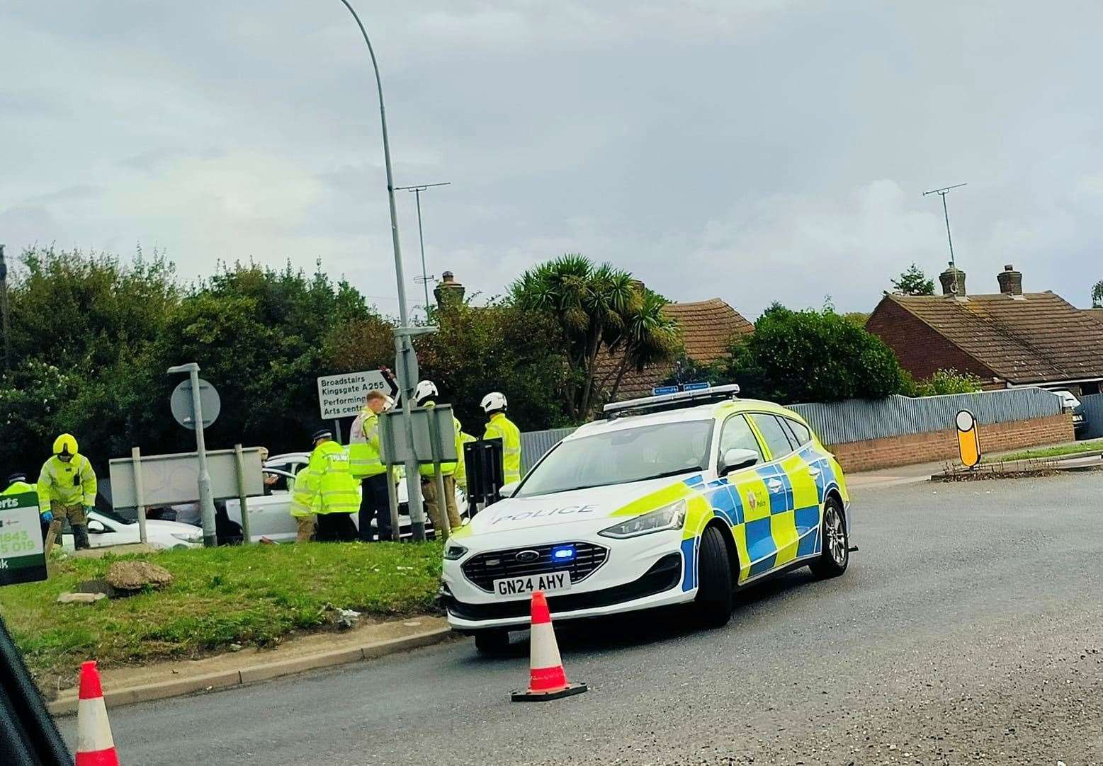 Crash blocks A255 Dane Court Road at roundabout with A256 Westwood Road, Broadstairs