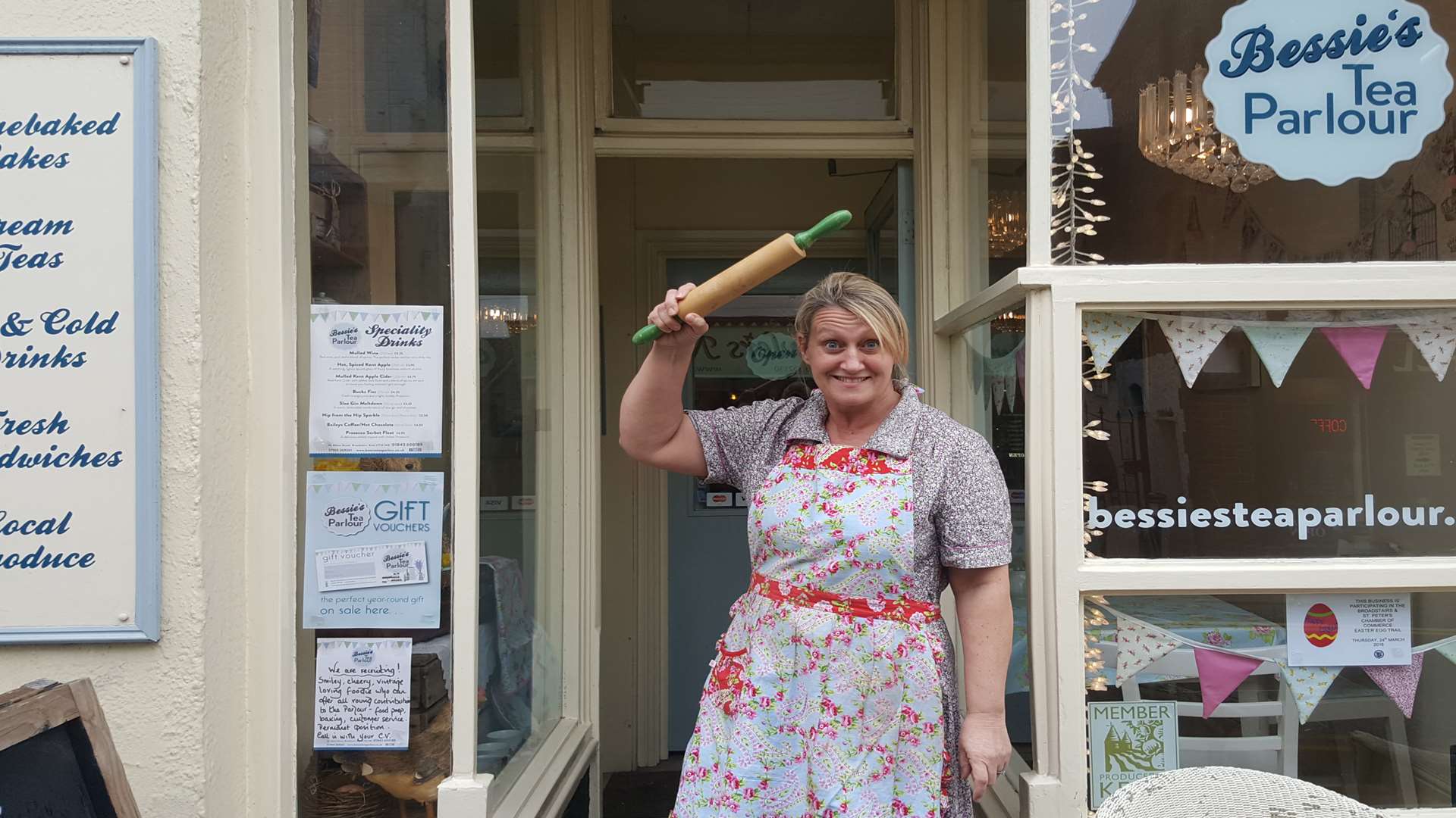 Karen Evans, 52, the proprietor of Bessie’s Tea Parlour in Albion Street, Broadstairs, was shocked when she arrived at work and caught the burglar red handed.