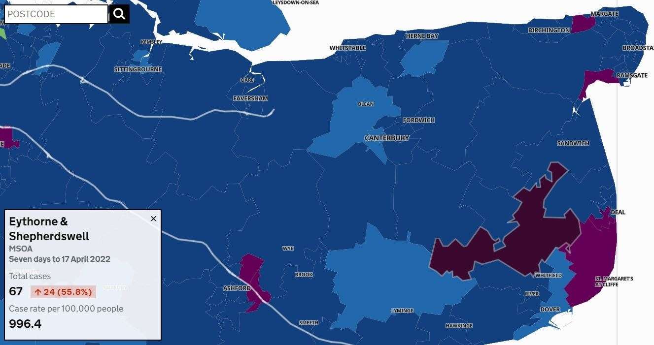 A government map shoes Eythorne and Shepherdswell in Dover to have the highest Covid rate in England