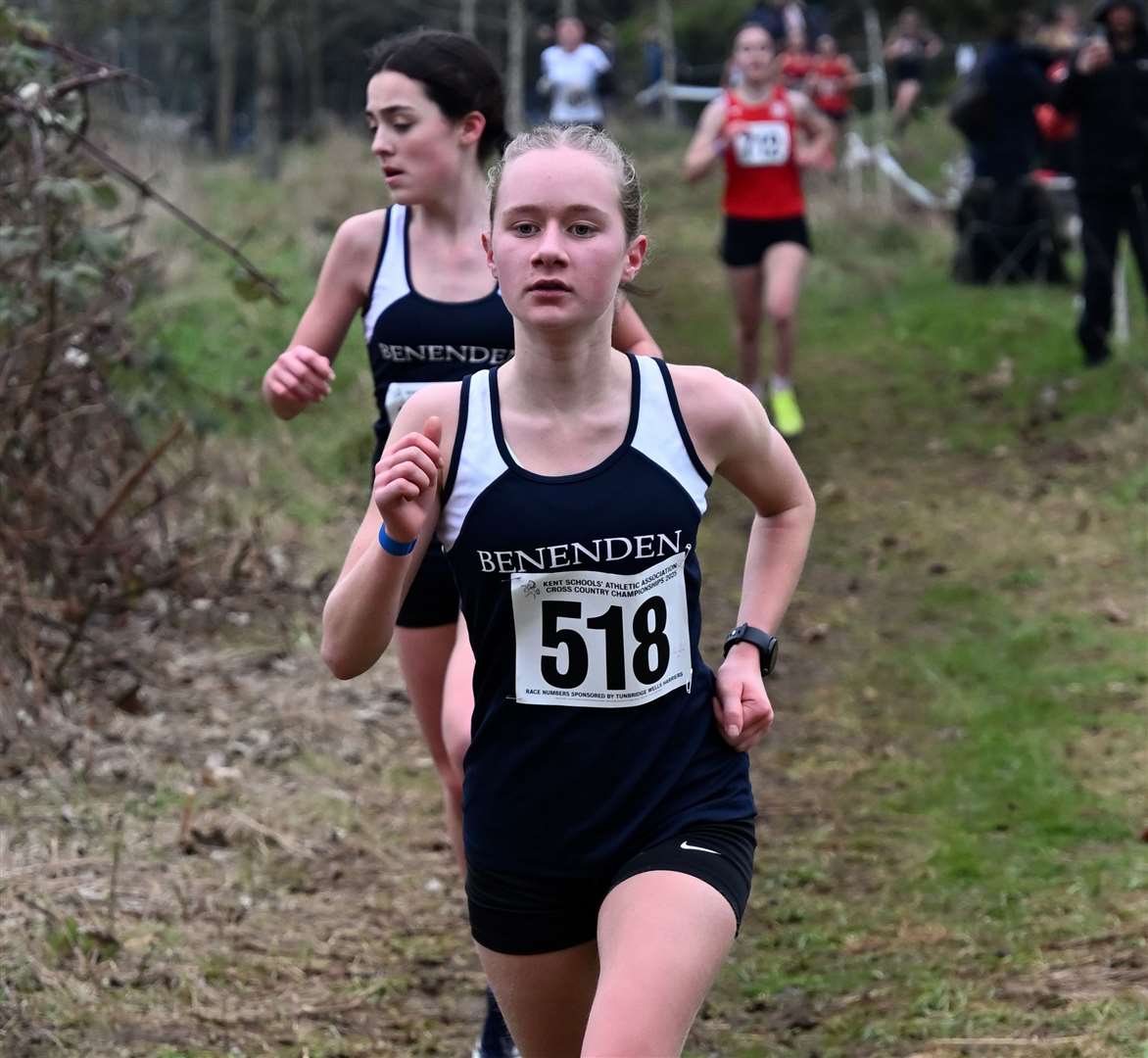 Tunbridge Wells’ Theodora Murray (No.518) in the intermediate girls’ race. Picture: Simon Hildrew