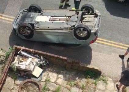 A car flipped and ended up on its roof following the crash in Folkestone Road, Dover