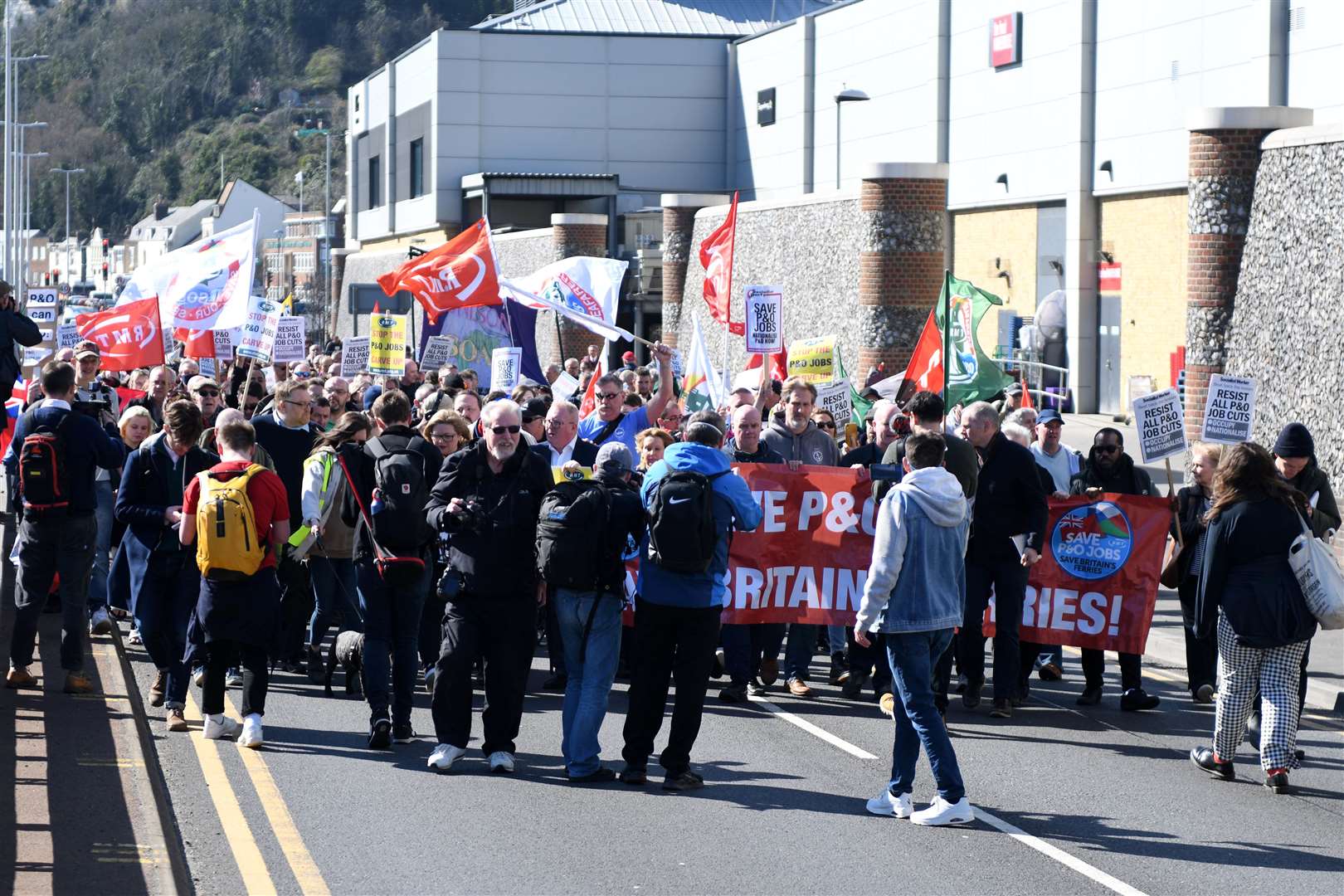 There were chants of "seize the ships" as the group marched down the A20 towards the port earlier, led by union bosses and Dover and Deal MP Natalie Elphicke..Trade union members march in support of the 800 sacked P&O ferry workers, from Maritime House in Dover to the entrance to the Port of Dover..Picture: Barry Goodwin. (55546625)