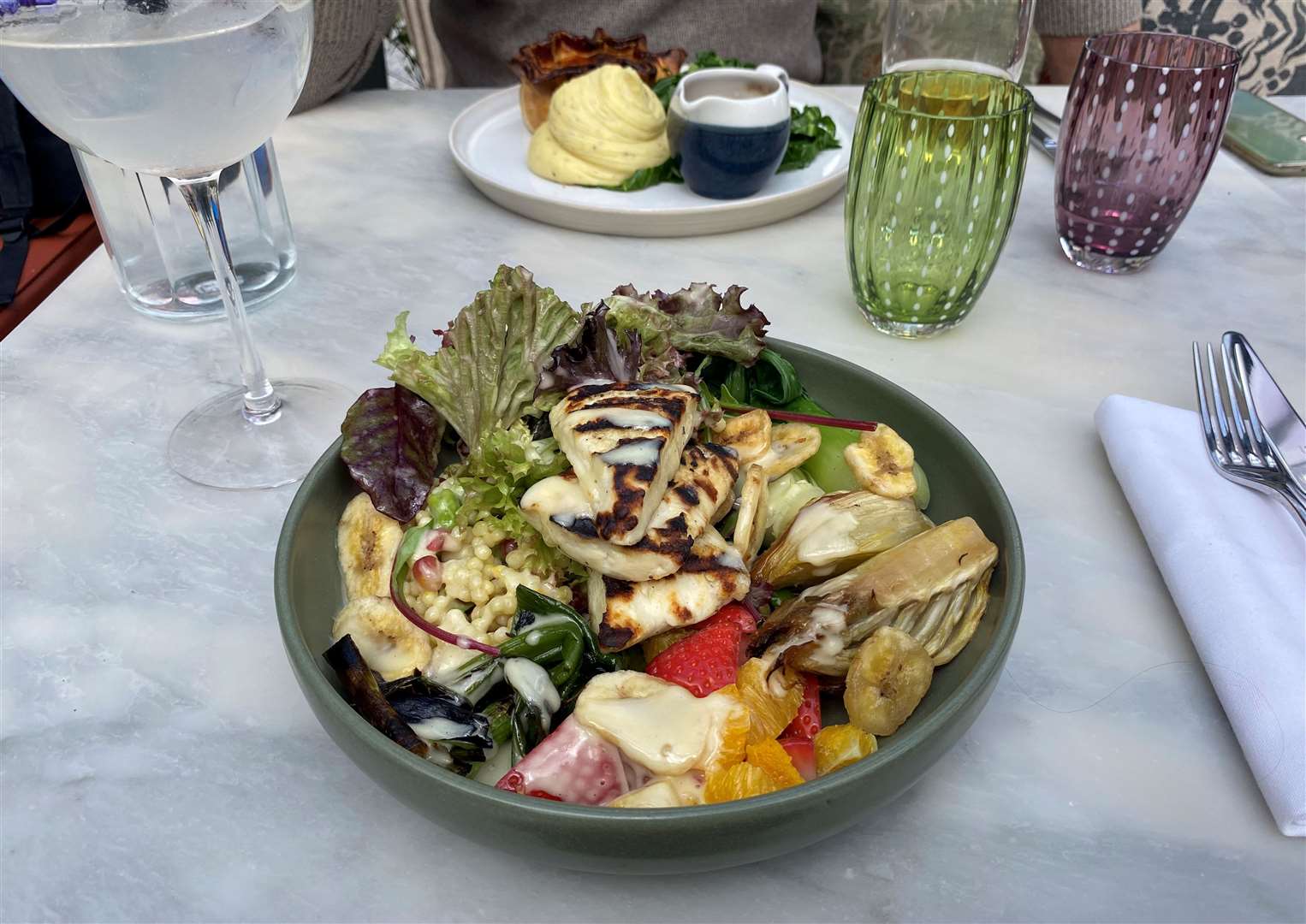 The gorilla bowl (£19) had halloumi with grilled broccoli, fennel, banana crisps, pomegranate, broad bean giant cous cous and a citrus and fruit dressing