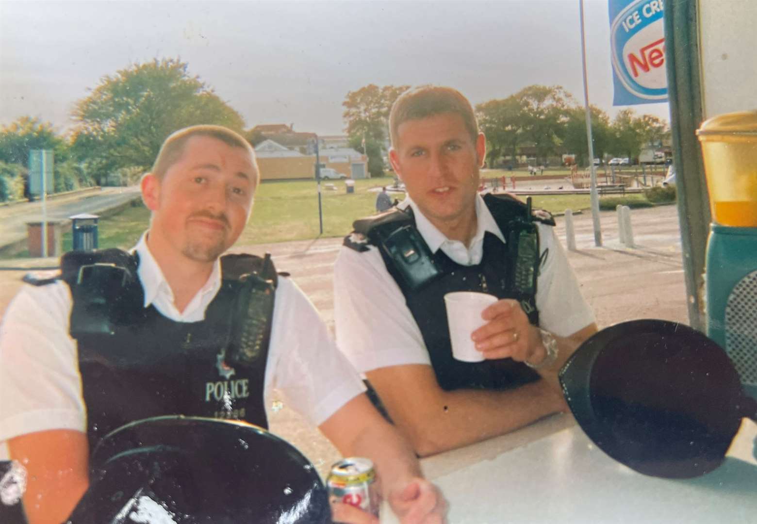 Bobbies enjoying a drink at Beach Street Kiosk in Beachfields, Sheerness. Picture: Janet Deadman