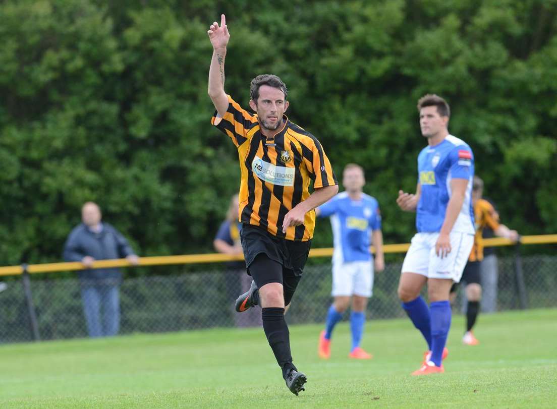 Darren Smith celebrates scoring for Folkestone against Tooting & Mitcham Picture: Gary Browne