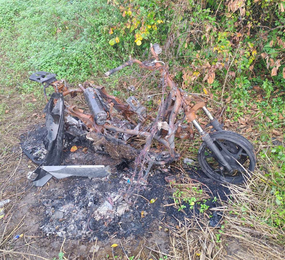 One of the burnt-out motorbikes at Ringlestone