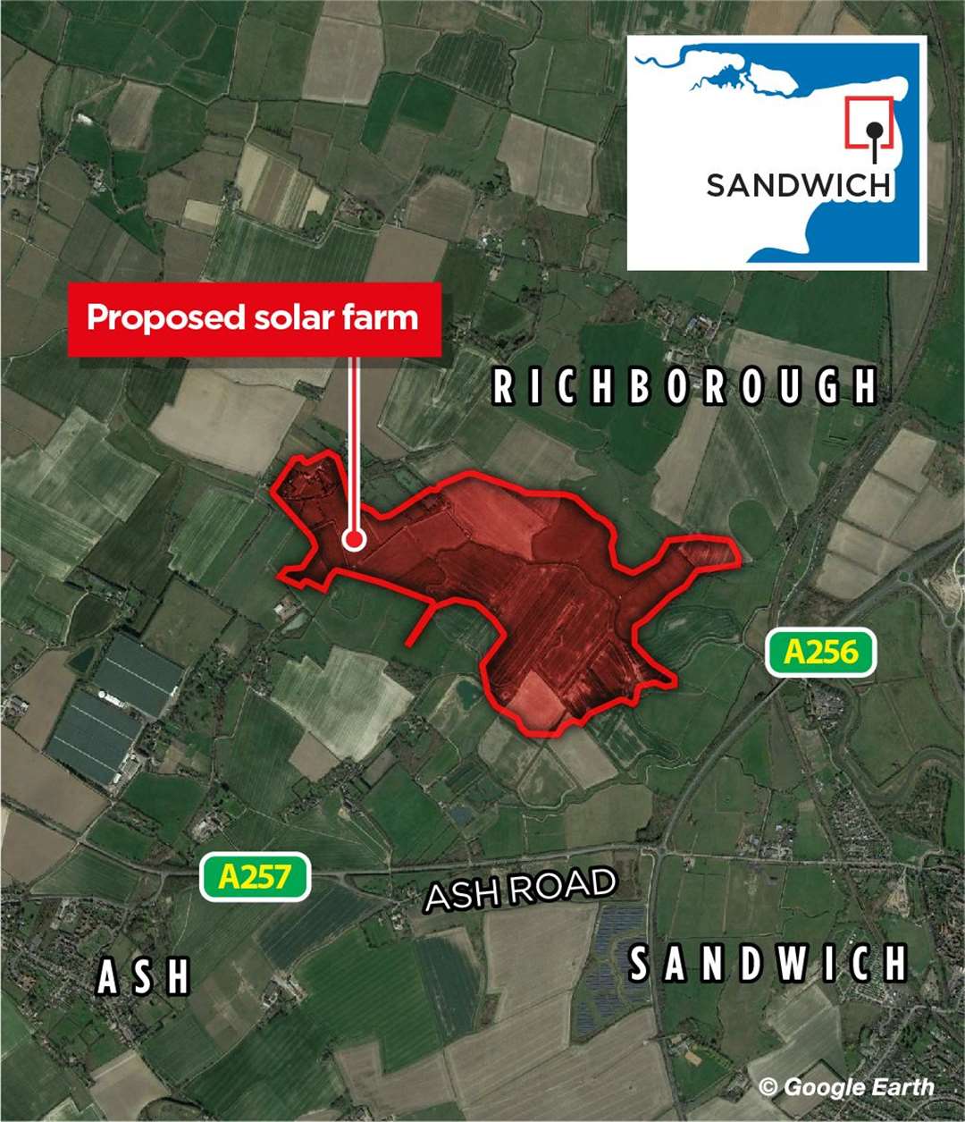 A map graphic showing the planned solar farm bordered in red. Image: Google Earth