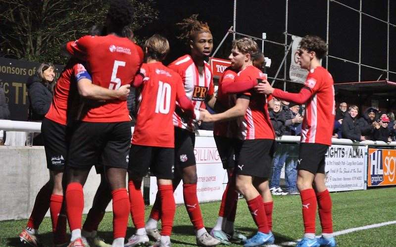 Sheppey celebrate a stoppage time winner against Merstham at Holm Park Picture: Paul Owen Richards