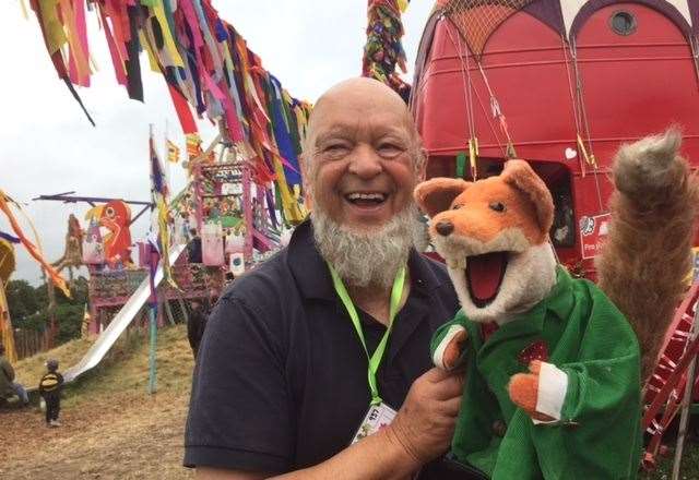 Basil shares a joke with the man behind the Glastonbury Festival - Michael Eavis