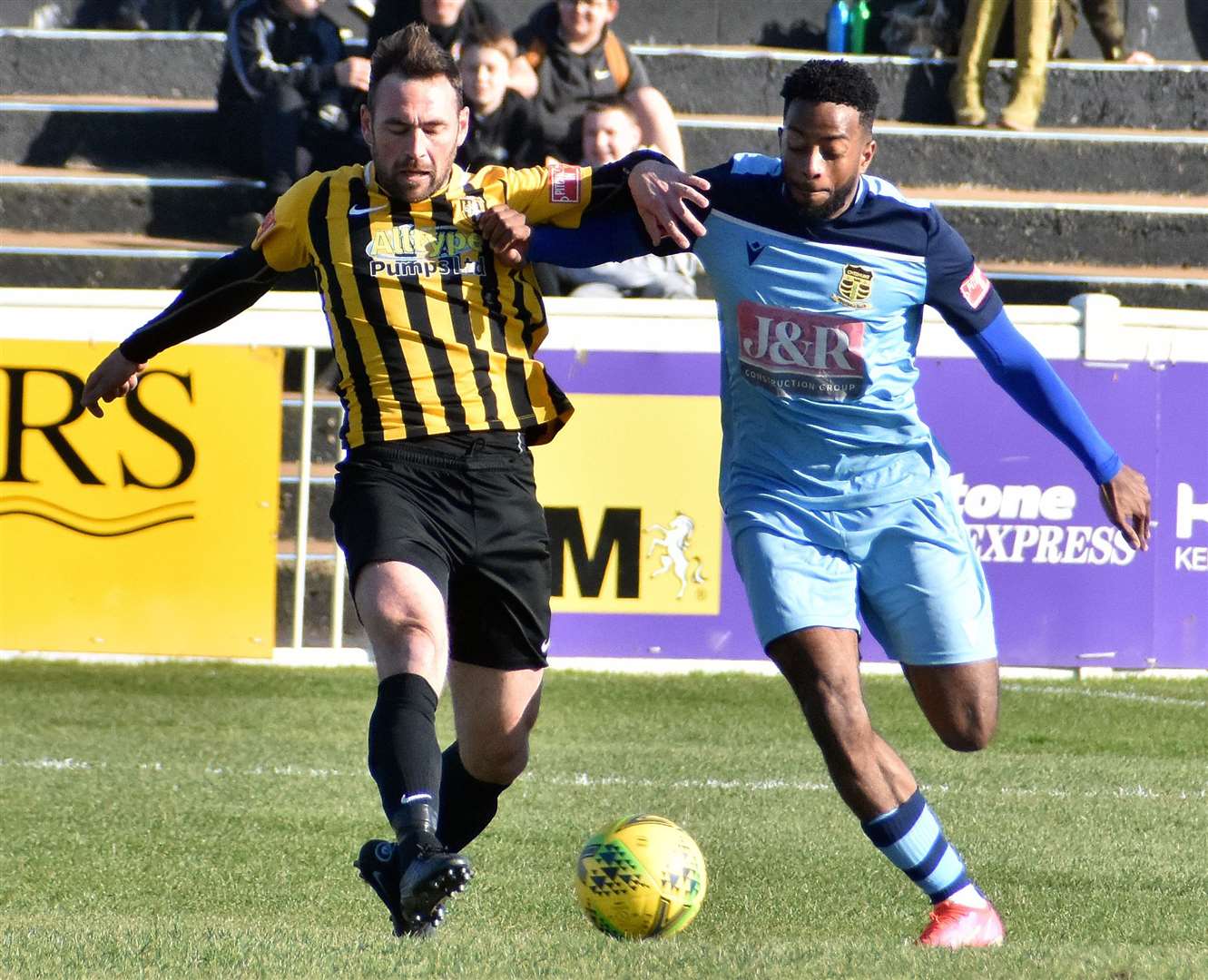 Folkestone Invicta midfielder Ronnie Dolan in the thick of it during their defeat to Cheshunt in Isthmian Premier. Picture: Randolph File