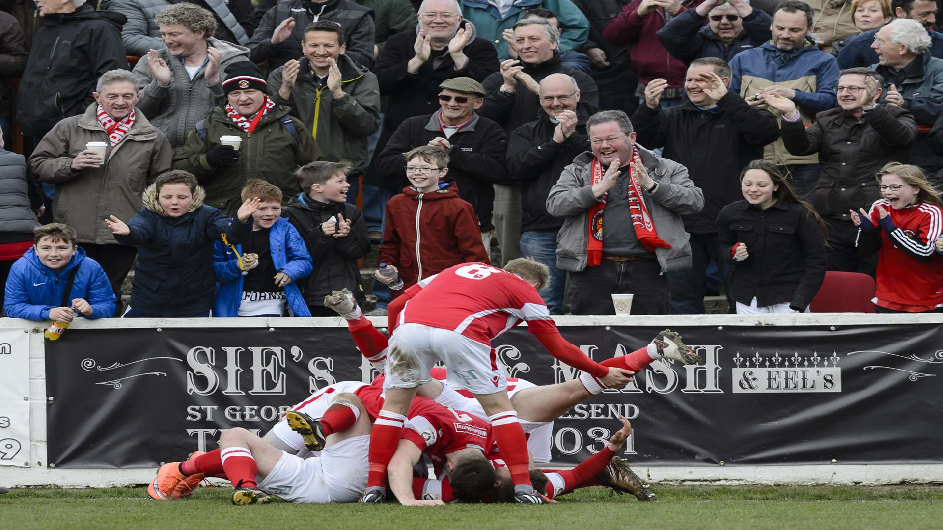 Danny Kedwell is at the bottom of the heap after scoring to put Ebbsfleet 2-1 up Picture: Andy Payton