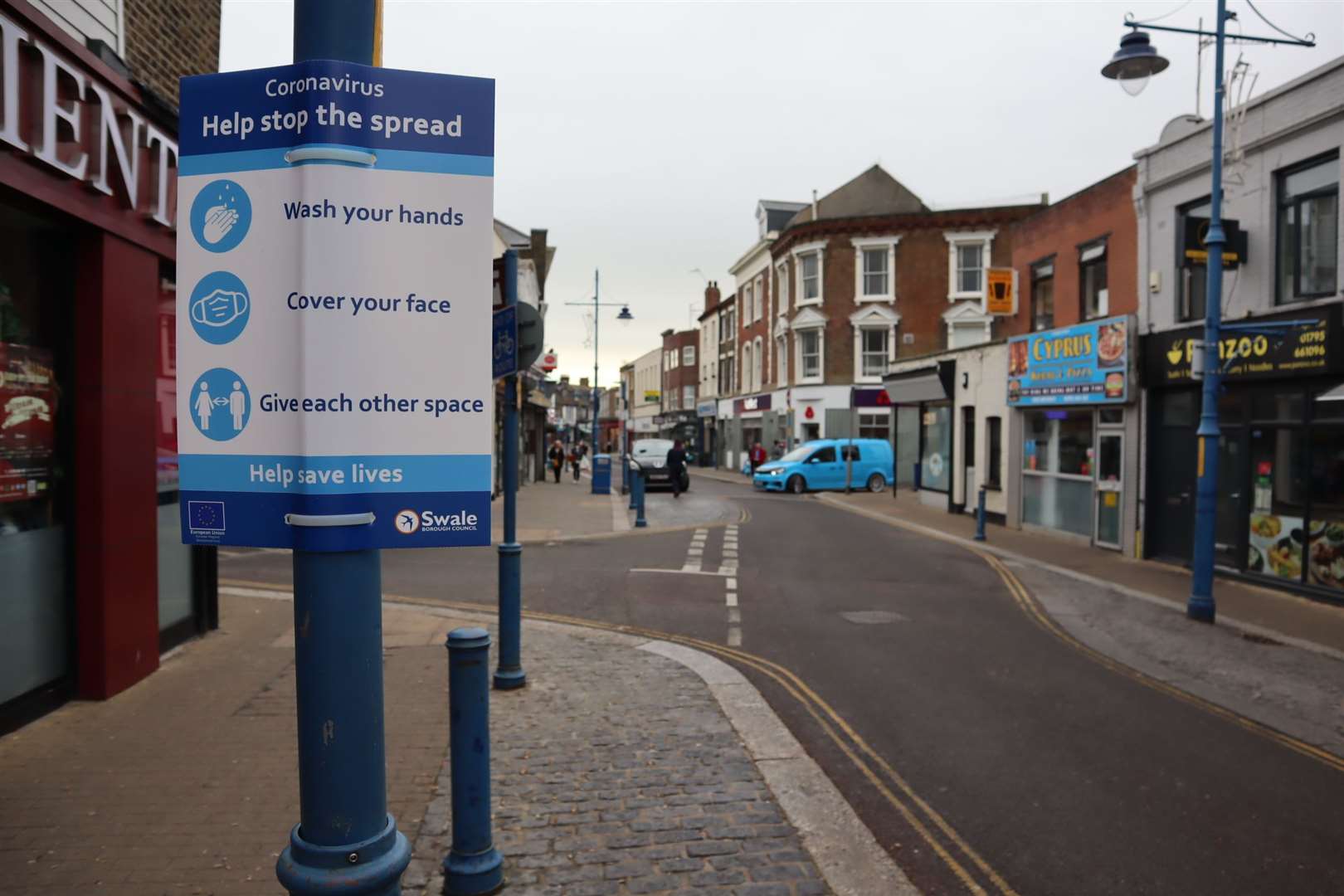 A coronavirus warning in Sheerness High Street. Swale at one point had some of the highest Covid case rates in the country