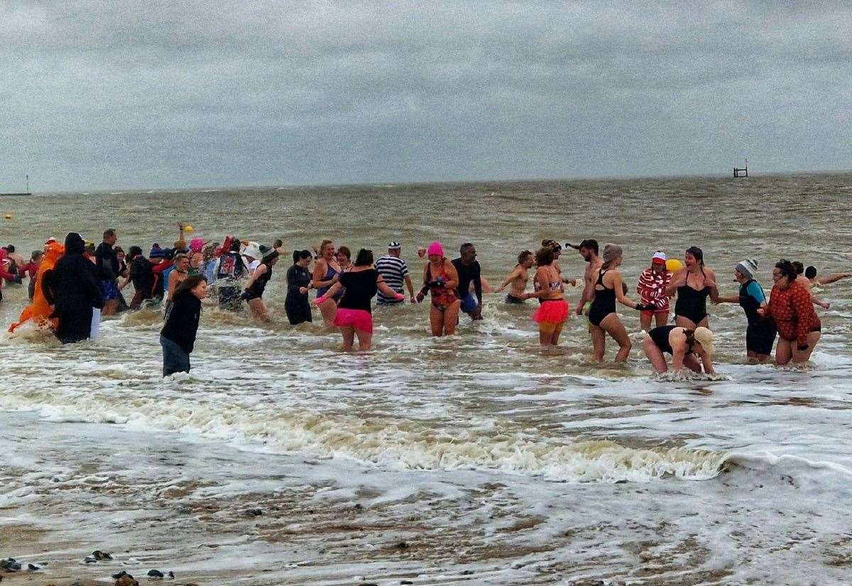 Swimmers in fancy dress take part in postponed New Year’s Day dip in Ramsgate