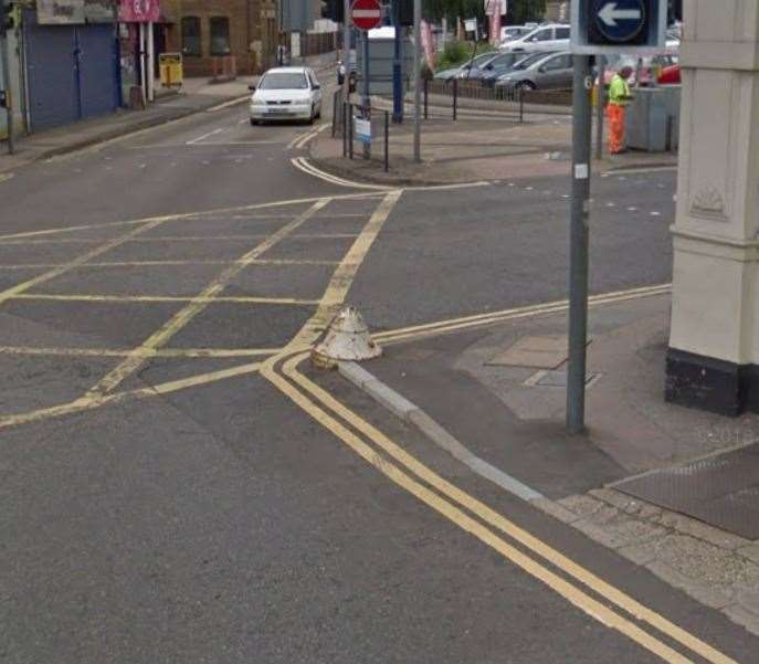 The bollard in London Road, Strood, on the junction with Gun Lane near Papa John's Pizza takeaway. Picture: Google Street View