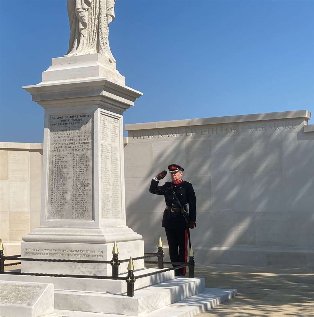 Deputy Lord Lieutenant of Kent Paul Auston lays the first wreath on behalf of the Queen at the dedication of the new memorial wall in Sheerness