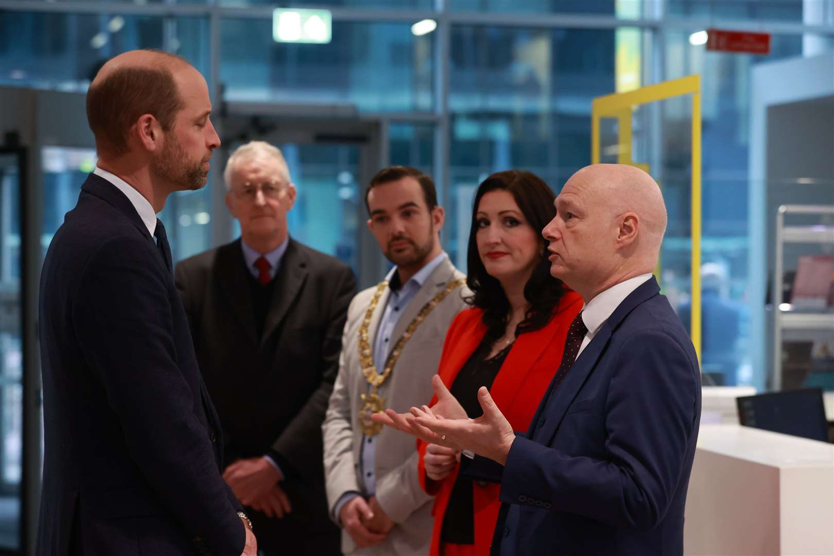 The Prince of Wales speaks to Northern Ireland Secretary Hilary Benn, Lord Mayor of Belfast, Micky Murray, Deputy First Minister Emma Little-Pengelly and university vice-chancellor Professor Paul Bartholomew (Liam McBurney/PA)