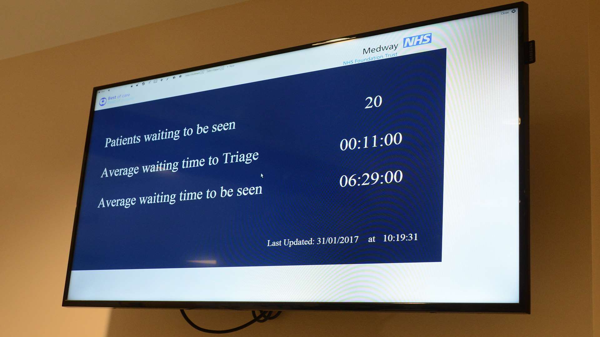 The waiting times monitor in the A&E reception area in Medway