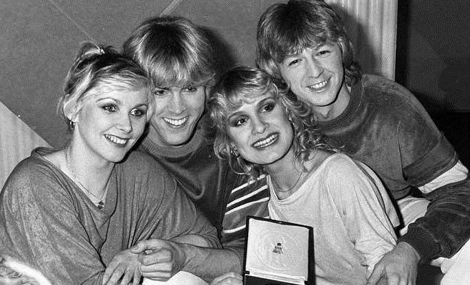 Bucks Fizz following their Eurovision Song Contest victory (from left): Cheryl Baker, Mike Nolan, Jay Aston and Bobby G. Picture: PA