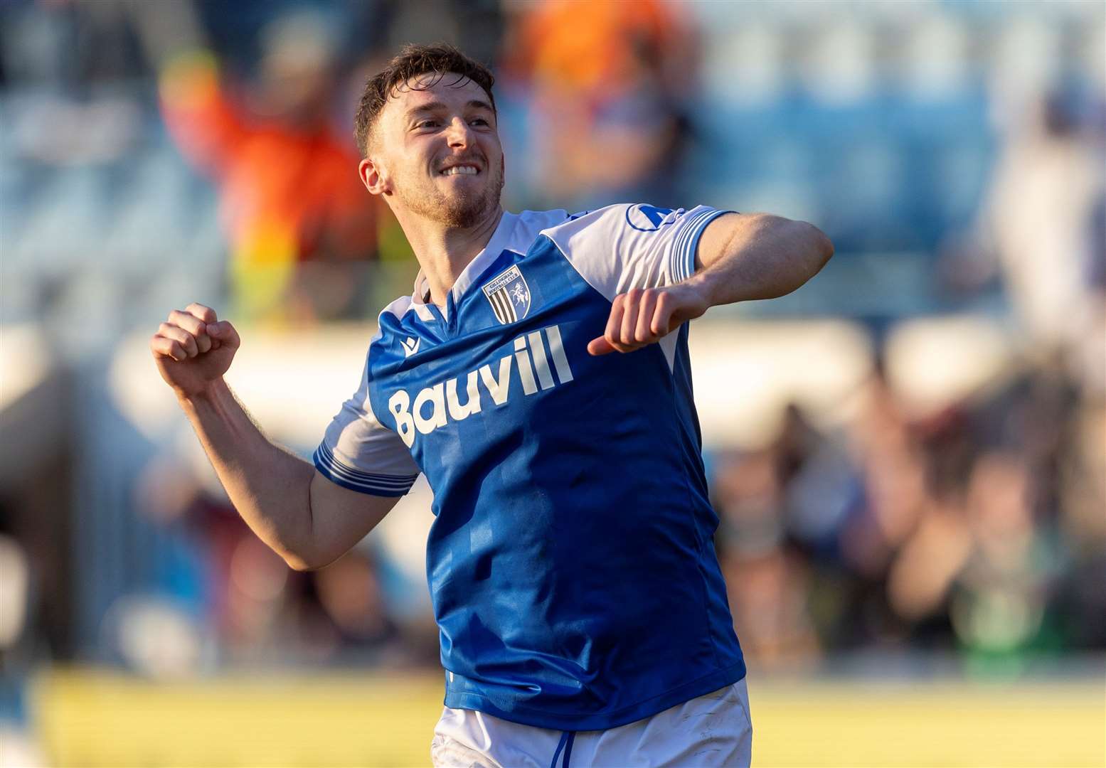 Conor Masterson celebrates Gillingham’s win over Bradford. Picture: @Julian_KPI