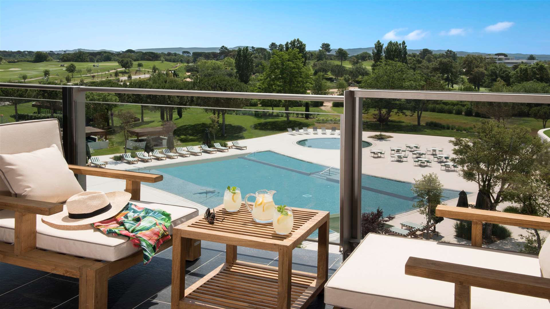 Views of the pool from one of the suites in the 5 star Camiral Hotel at PGA Catalunya