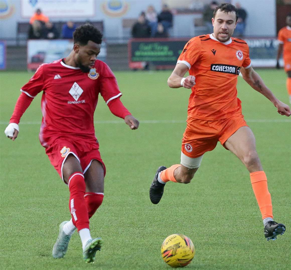 Josh Williams on the move in Whitstable’s weekend 1-1 draw with Punjab United. Picture: Les Biggs